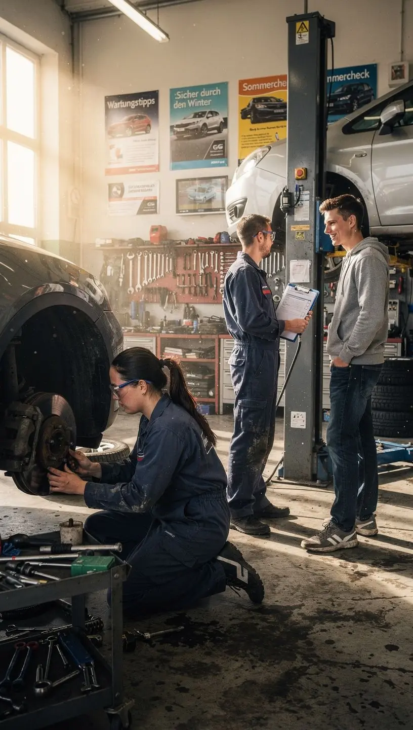 Automobilservice-Mitarbeiter erklärt Kunden die Bedeutung regelmäßiger Wartungen und Inspektionen.